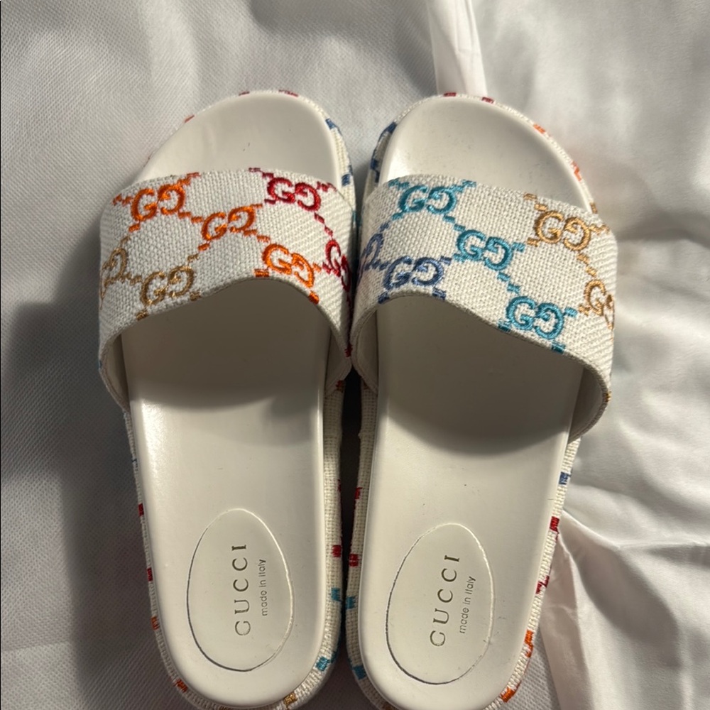 Gucci White Slides with Multicolor GG Monogram